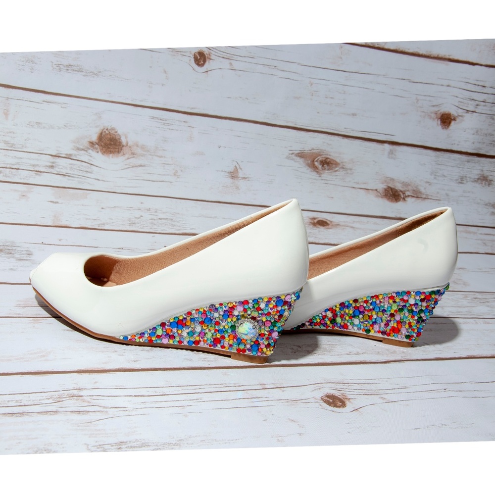 Rainbow Gemstone Peep Toe Slip on Wedge Pump